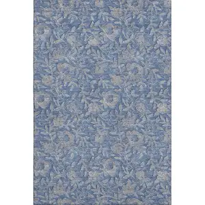 Photo of Denim Blue And Taupe Floral Washable Area Rug With UV Protection