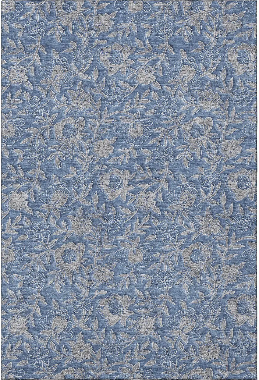 Denim Blue And Taupe Floral Washable Area Rug With UV Protection Photo 4