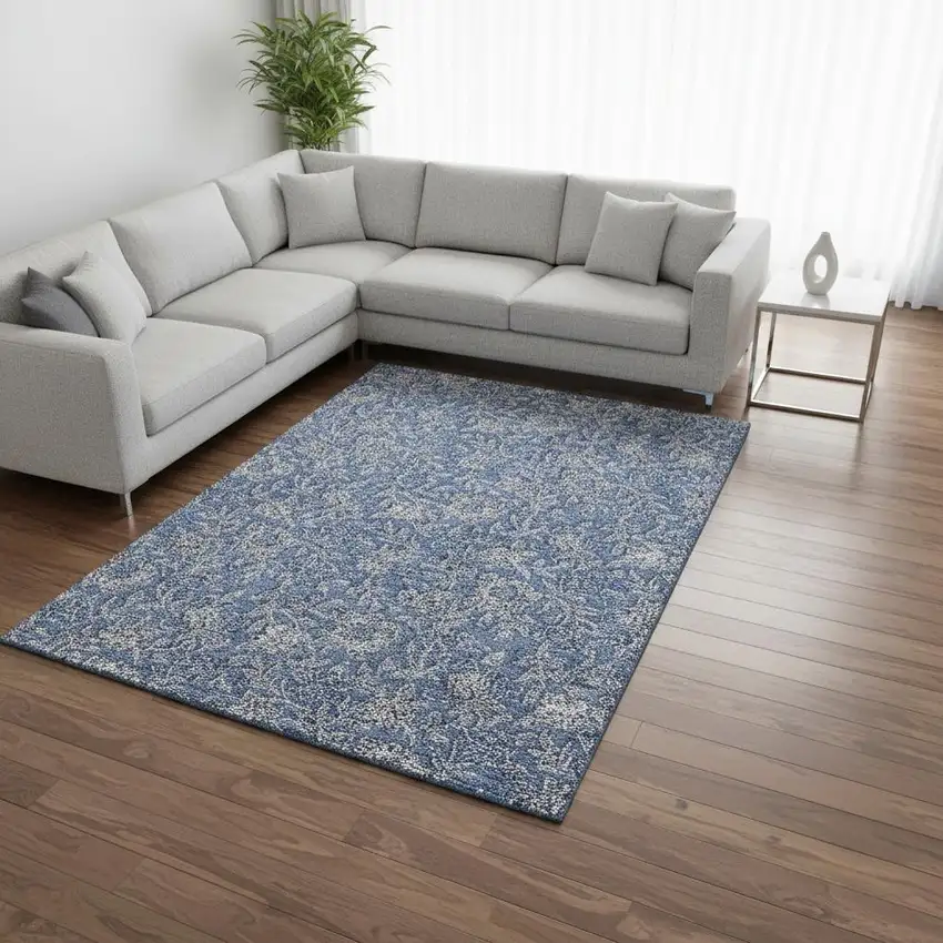 Denim Blue And Taupe Floral Washable Area Rug With UV Protection Photo 2