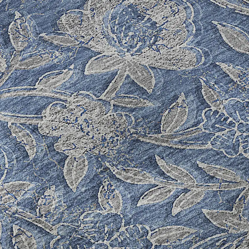 Denim Blue And Taupe Floral Washable Area Rug With UV Protection Photo 9