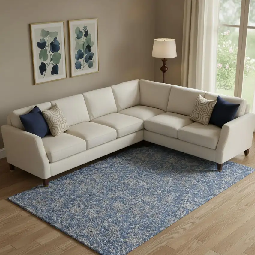 Denim Blue And Taupe Floral Washable Area Rug With UV Protection Photo 1