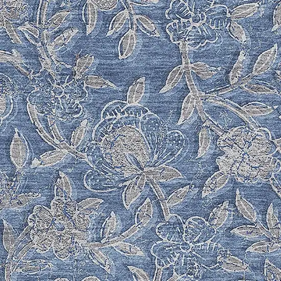 Denim Blue And Taupe Floral Washable Area Rug With UV Protection Photo 3