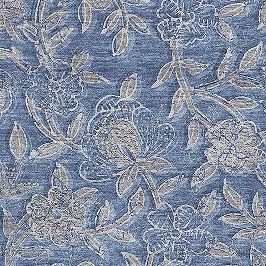Denim Blue And Taupe Floral Washable Area Rug With UV Protection Photo 3