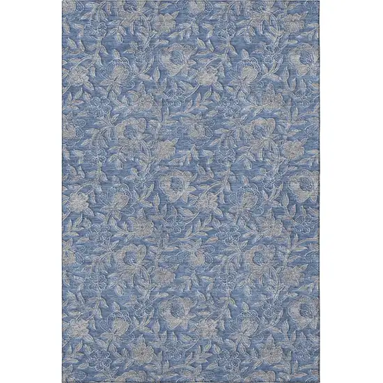 Denim Blue And Taupe Floral Washable Area Rug With UV Protection Photo 4