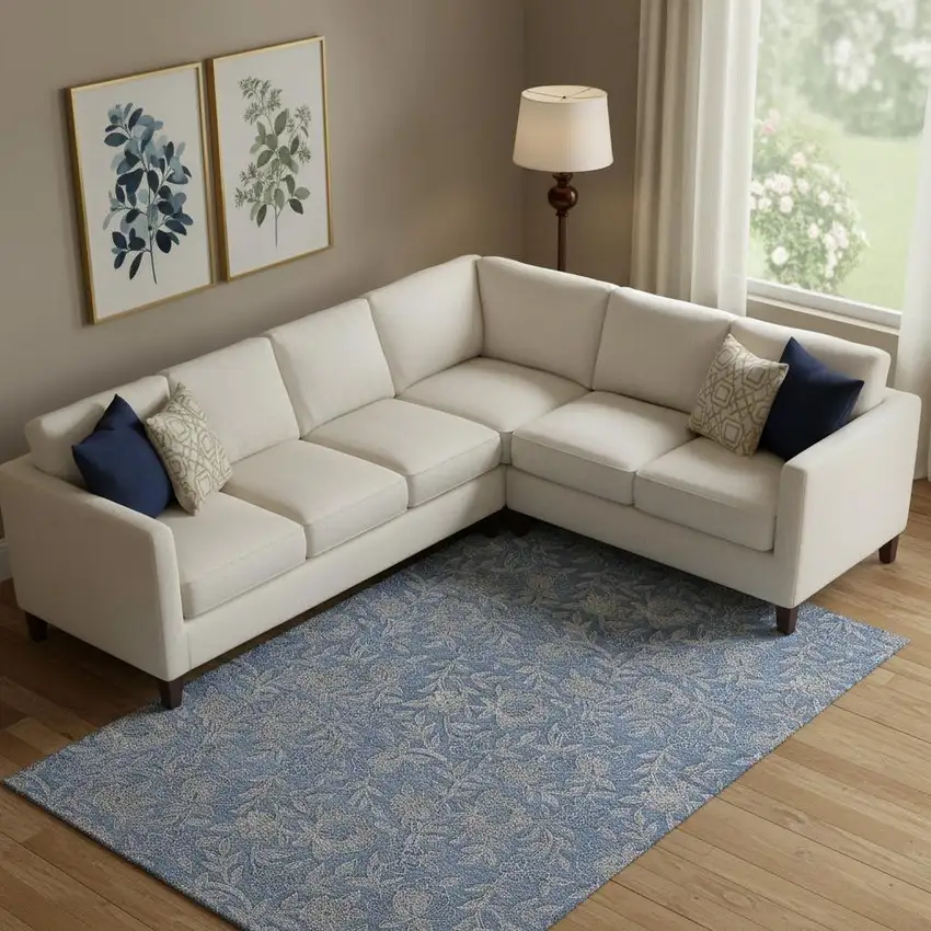 Denim Blue And Taupe Floral Washable Area Rug With UV Protection Photo 1