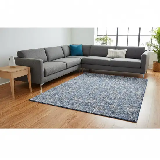 Denim Blue And Taupe Floral Washable Area Rug With UV Protection Photo 2