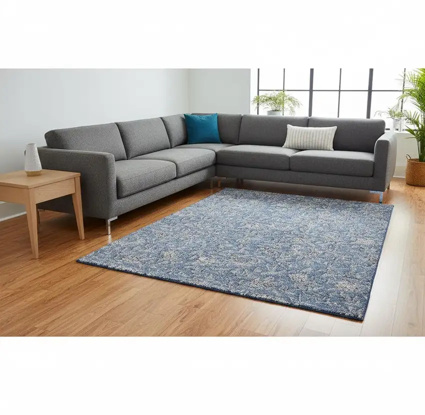 Denim Blue And Taupe Floral Washable Area Rug With UV Protection Photo 2