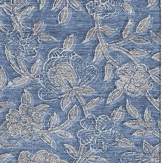 Denim Blue And Taupe Floral Washable Area Rug With UV Protection Photo 3