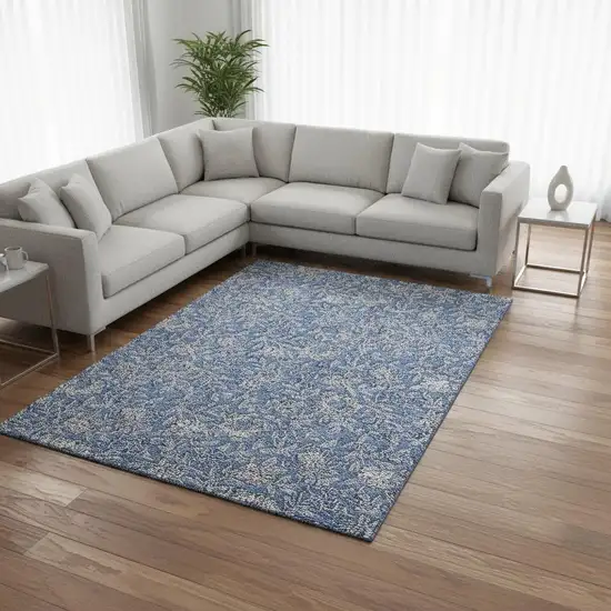 Denim Blue And Taupe Floral Washable Area Rug With UV Protection Photo 2