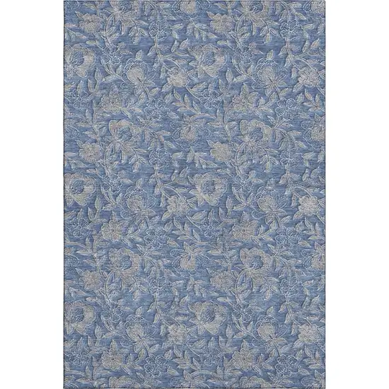Denim Blue And Taupe Floral Washable Area Rug With UV Protection Photo 1