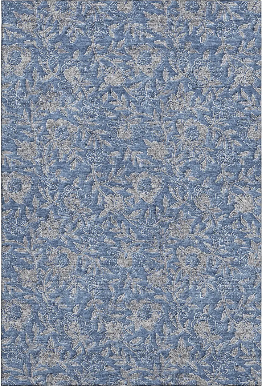 Denim Blue And Taupe Floral Washable Area Rug With UV Protection Photo 1