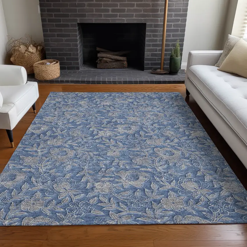 Denim Blue And Taupe Floral Washable Area Rug With UV Protection Photo 5