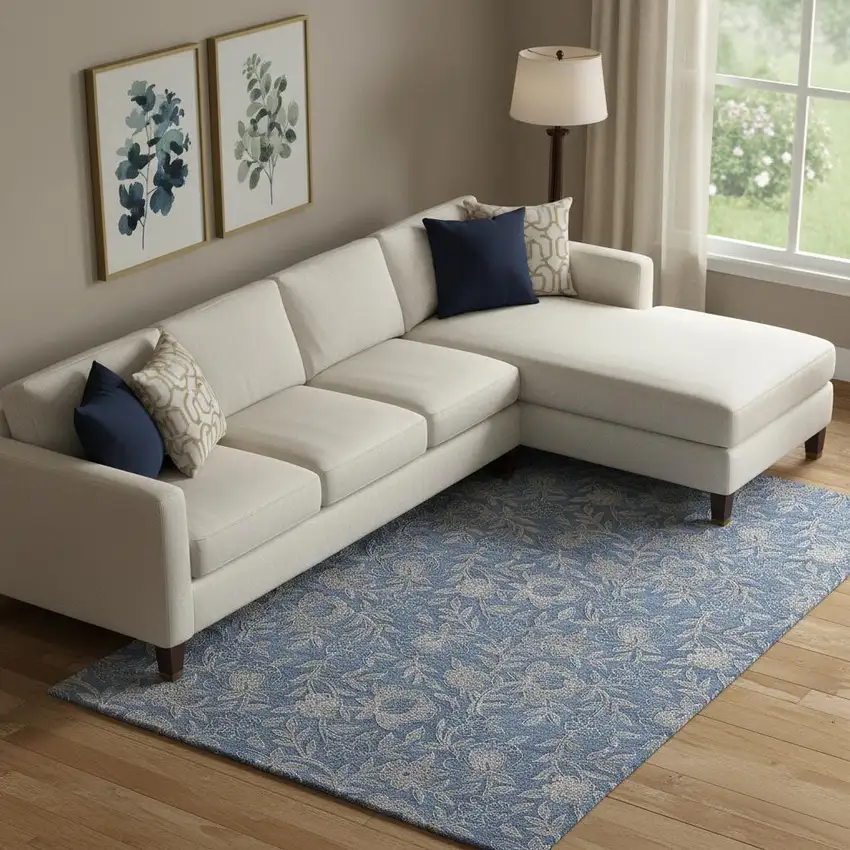 Denim Blue And Taupe Floral Washable Area Rug With UV Protection Photo 1