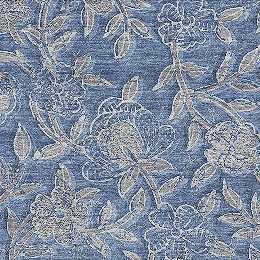 Denim Blue And Taupe Floral Washable Area Rug With UV Protection Photo 3