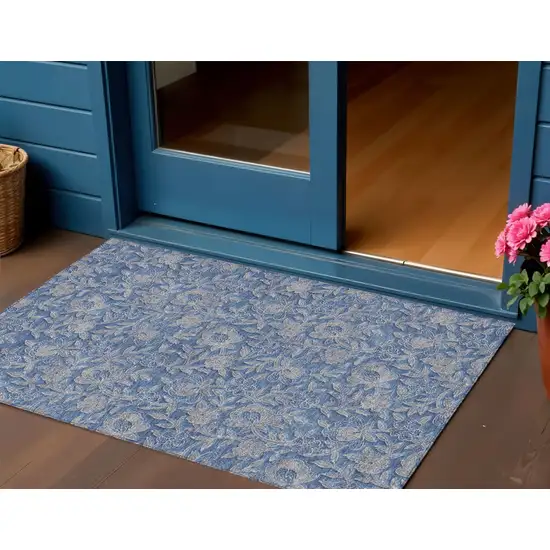 Denim Blue And Taupe Floral Washable Indoor Outdoor Area Rug Photo 1