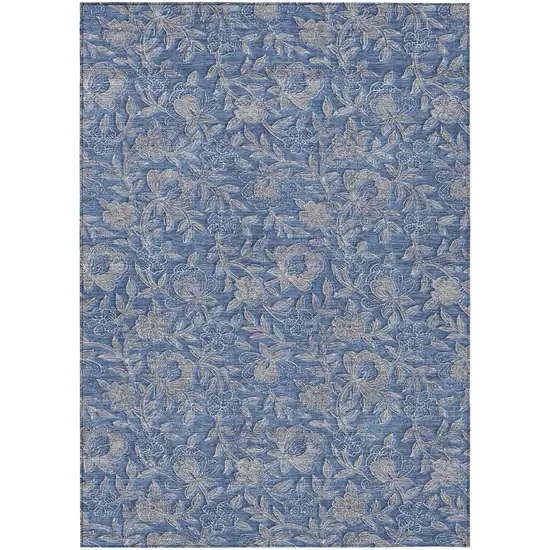 Denim Blue And Taupe Floral Washable Indoor Outdoor Area Rug Photo 2