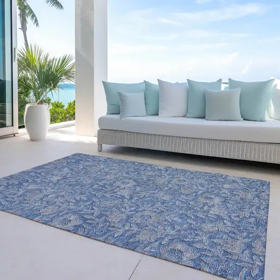 Denim Blue And Taupe Floral Washable Indoor Outdoor Area Rug Photo 7