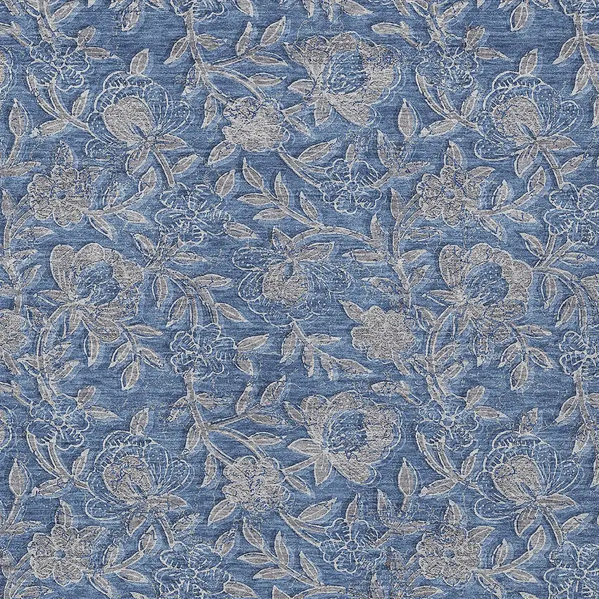 Denim Blue And Taupe Floral Washable Indoor Outdoor Area Rug Photo 5