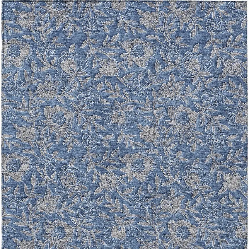Denim Blue And Taupe Floral Washable Indoor Outdoor Area Rug Photo 7