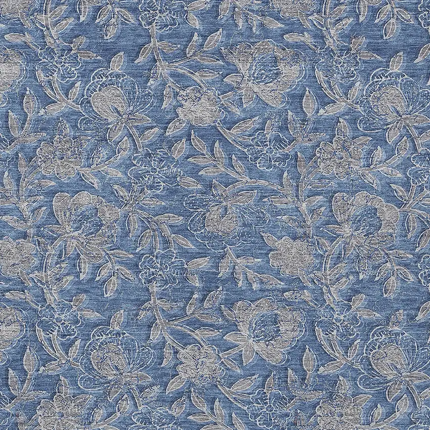 Denim Blue And Taupe Floral Washable Indoor Outdoor Area Rug Photo 6