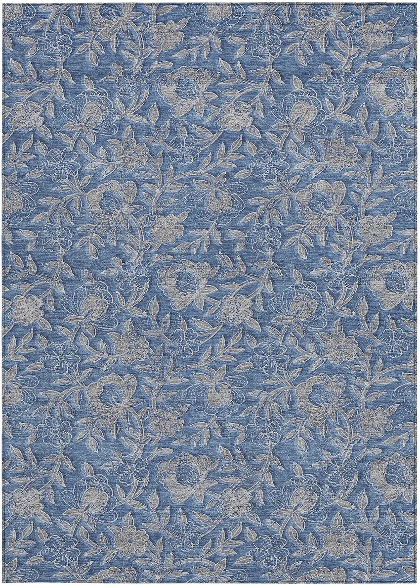 Denim Blue And Taupe Floral Washable Indoor Outdoor Area Rug Photo 5