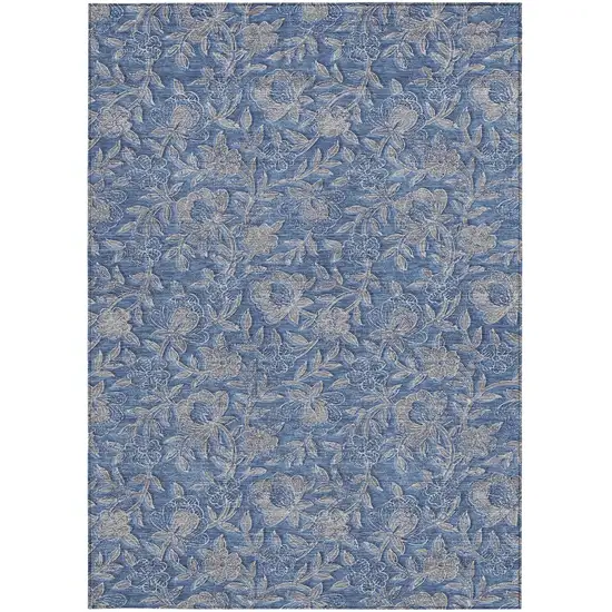 Denim Blue And Taupe Floral Washable Indoor Outdoor Area Rug Photo 5