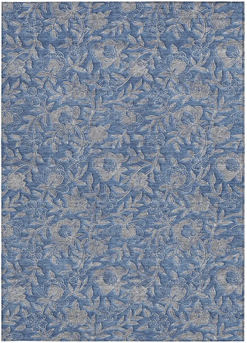 Denim Blue And Taupe Floral Washable Indoor Outdoor Area Rug Photo 5
