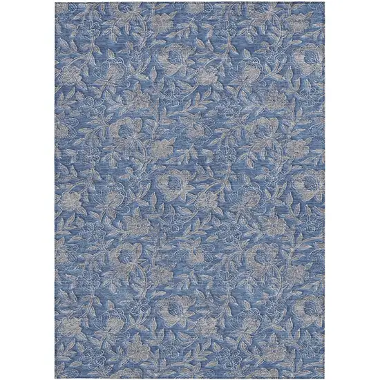 Denim Blue And Taupe Floral Washable Indoor Outdoor Area Rug Photo 5