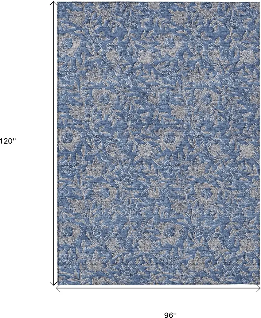 Denim Blue And Taupe Floral Washable Indoor Outdoor Area Rug Photo 3
