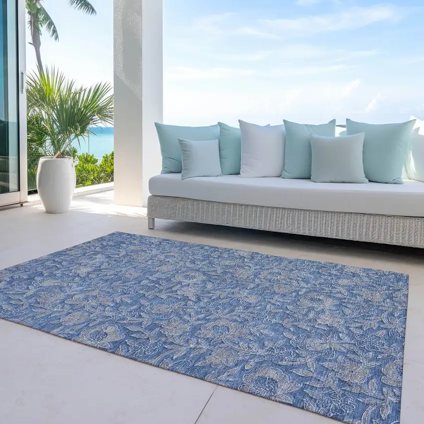 Denim Blue And Taupe Floral Washable Indoor Outdoor Area Rug Photo 6
