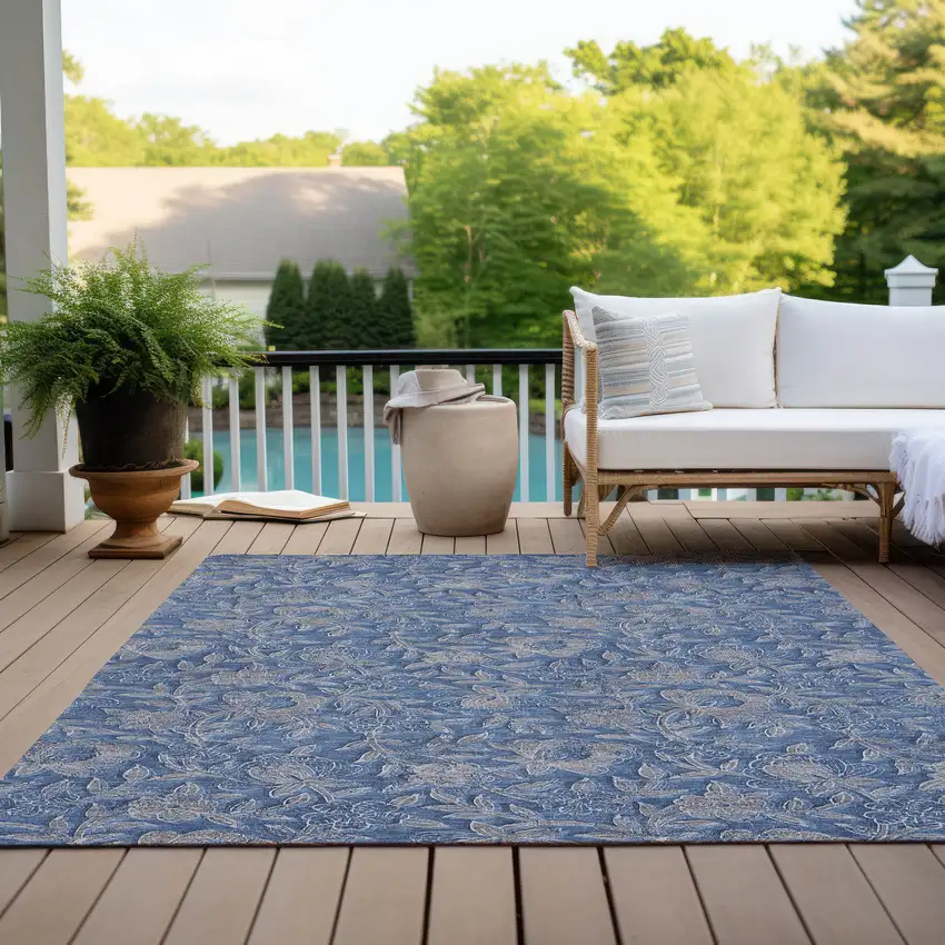 Denim Blue And Taupe Floral Washable Indoor Outdoor Area Rug Photo 9