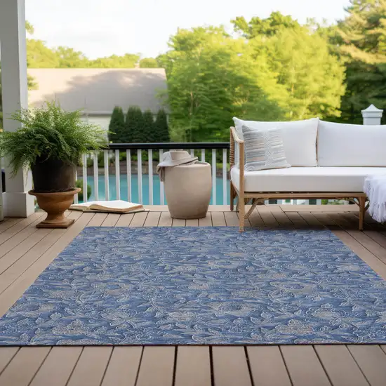 Denim Blue And Taupe Floral Washable Indoor Outdoor Area Rug Photo 9