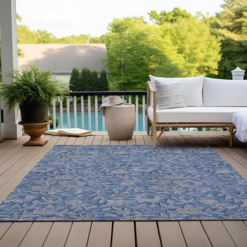 Denim Blue And Taupe Floral Washable Indoor Outdoor Area Rug Photo 9