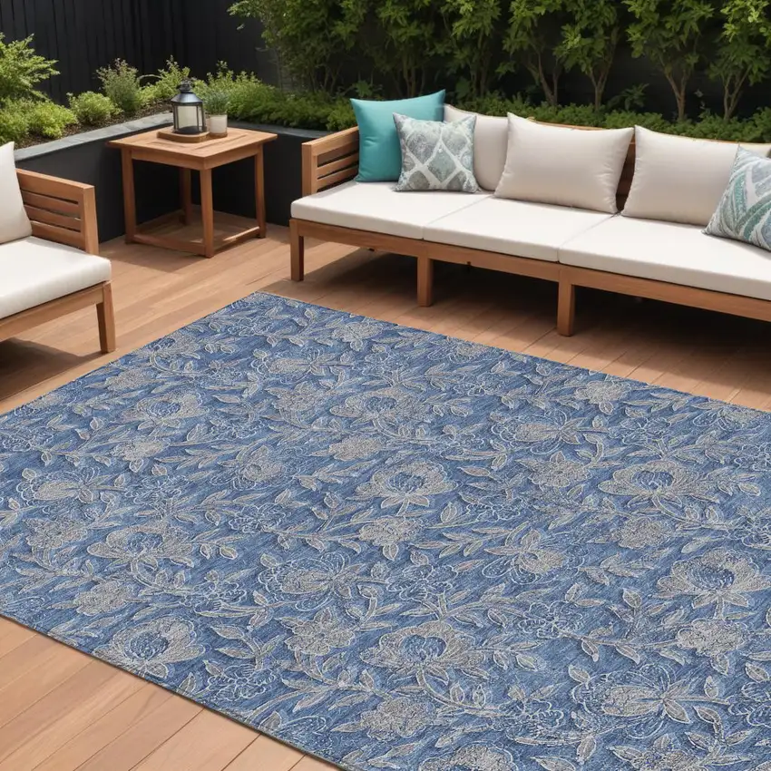Denim Blue And Taupe Floral Washable Indoor Outdoor Area Rug Photo 1