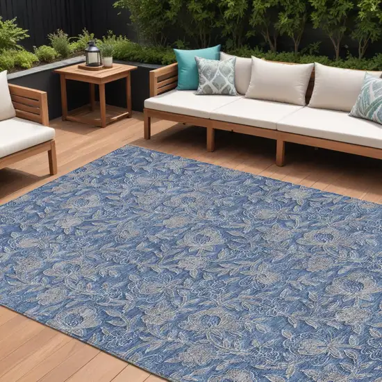 Denim Blue And Taupe Floral Washable Indoor Outdoor Area Rug Photo 1