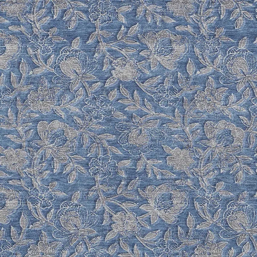Denim Blue And Taupe Floral Washable Indoor Outdoor Area Rug Photo 4