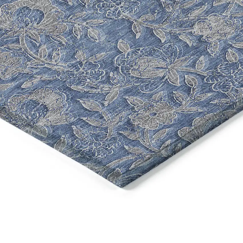 Denim Blue And Taupe Floral Washable Indoor Outdoor Area Rug Photo 3