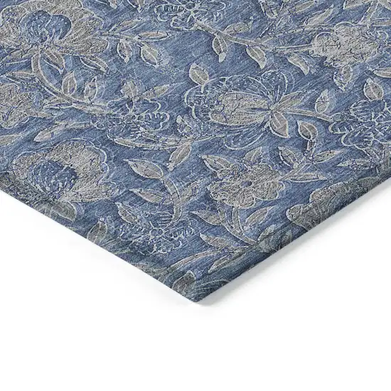 Denim Blue And Taupe Floral Washable Indoor Outdoor Area Rug Photo 3