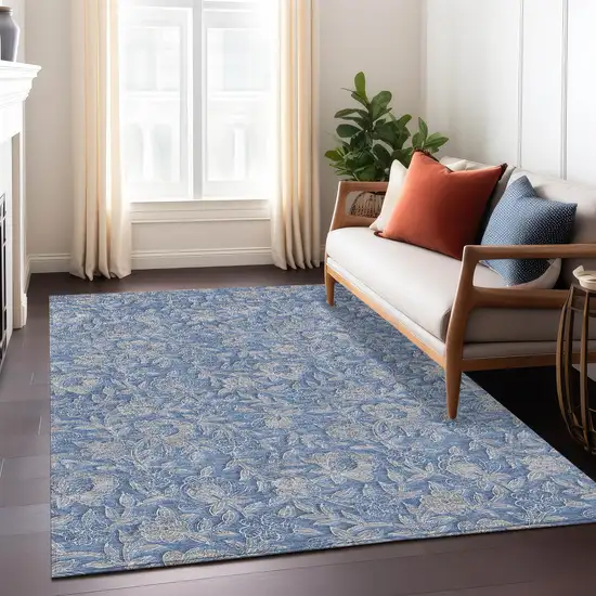 Denim Blue And Taupe Floral Washable Indoor Outdoor Area Rug Photo 8