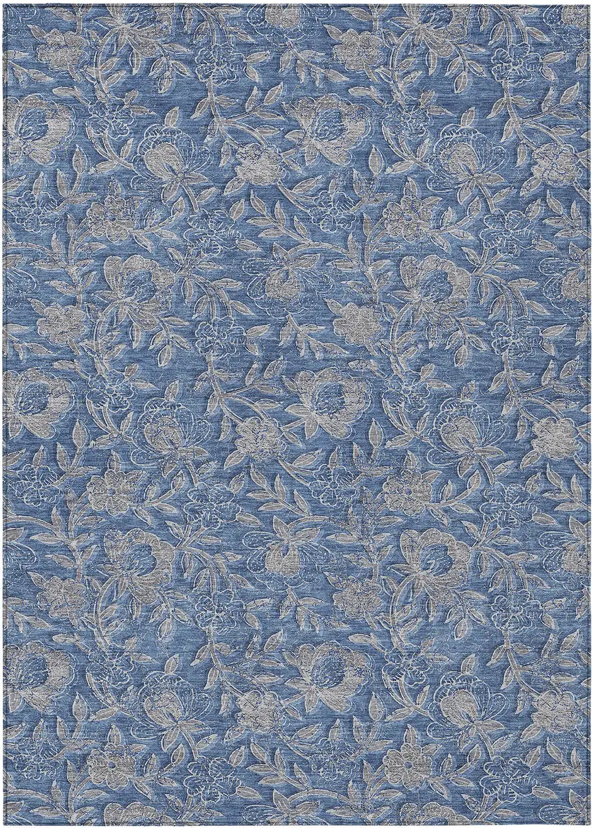 Denim Blue And Taupe Floral Washable Indoor Outdoor Area Rug Photo 1