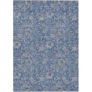 Photo of Denim Blue And Taupe Floral Washable Indoor Outdoor Area Rug