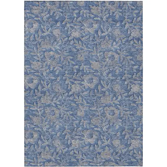 Denim Blue And Taupe Floral Washable Indoor Outdoor Area Rug Photo 1