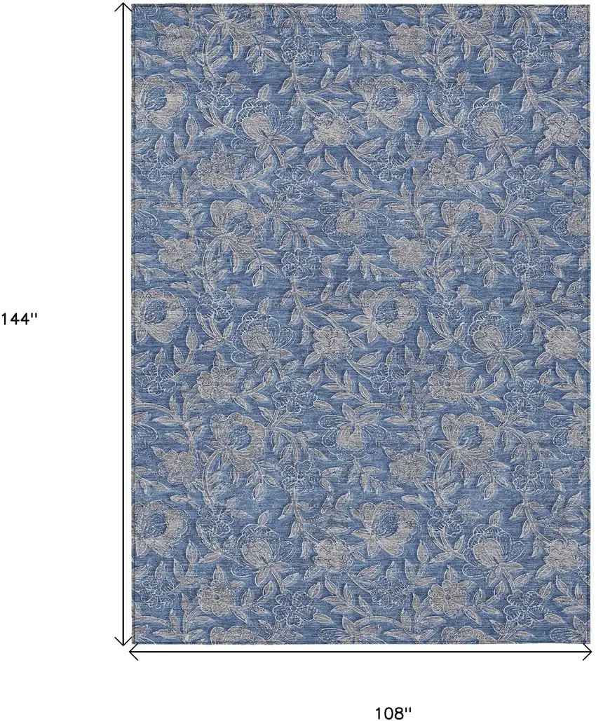 Denim Blue And Taupe Floral Washable Indoor Outdoor Area Rug Photo 3