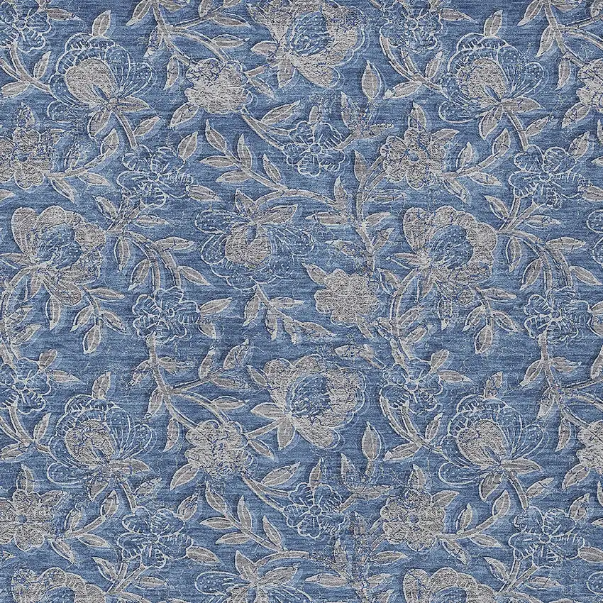 Denim Blue And Taupe Floral Washable Indoor Outdoor Area Rug Photo 6