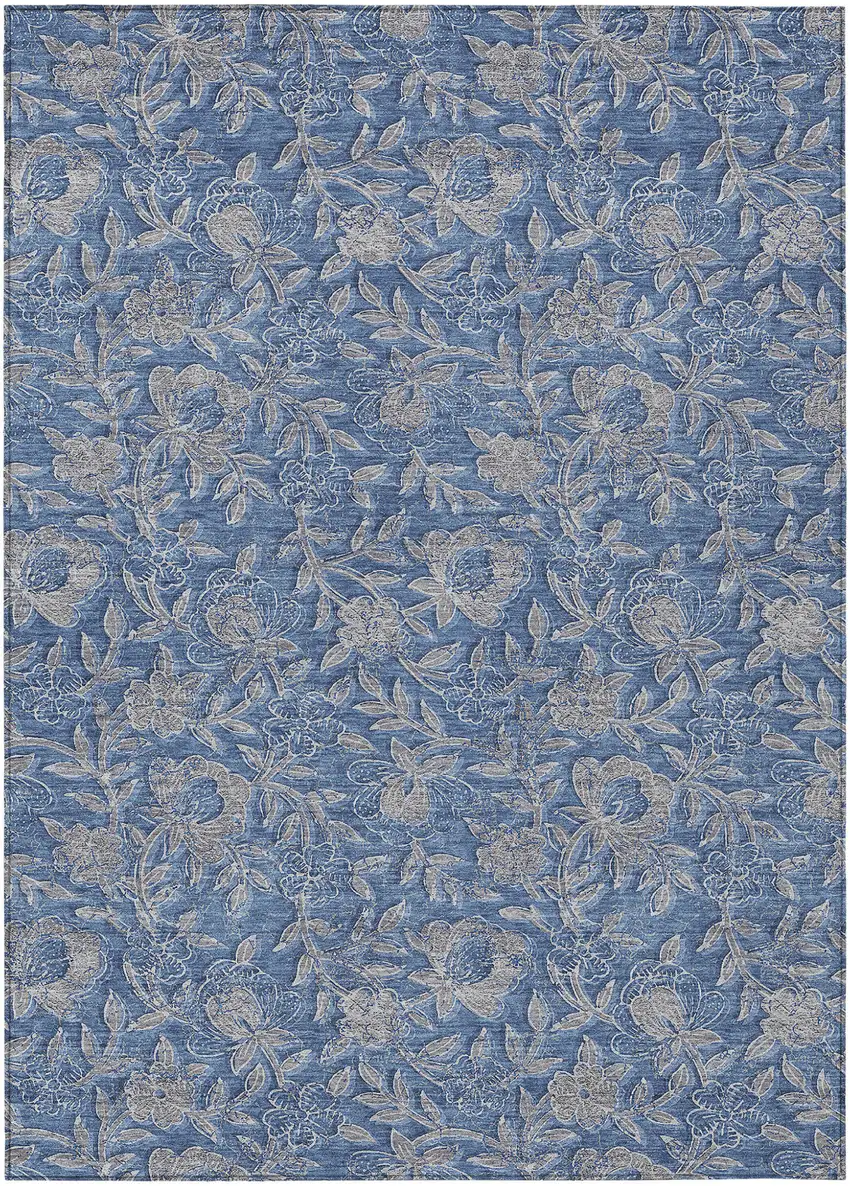 Denim Blue And Taupe Floral Washable Indoor Outdoor Area Rug Photo 1