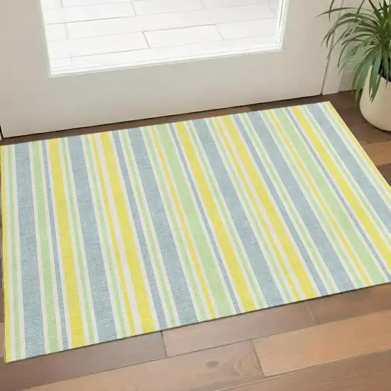 Denim Blue And Yellow Striped Washable Area Rug With UV Protection Photo 1