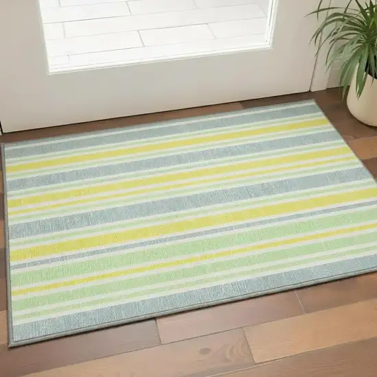 Denim Blue And Yellow Striped Washable Area Rug With UV Protection Photo 2