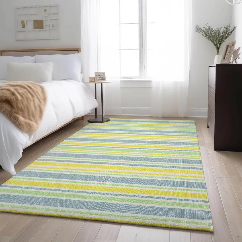 Denim Blue And Yellow Striped Washable Area Rug With UV Protection Photo 3