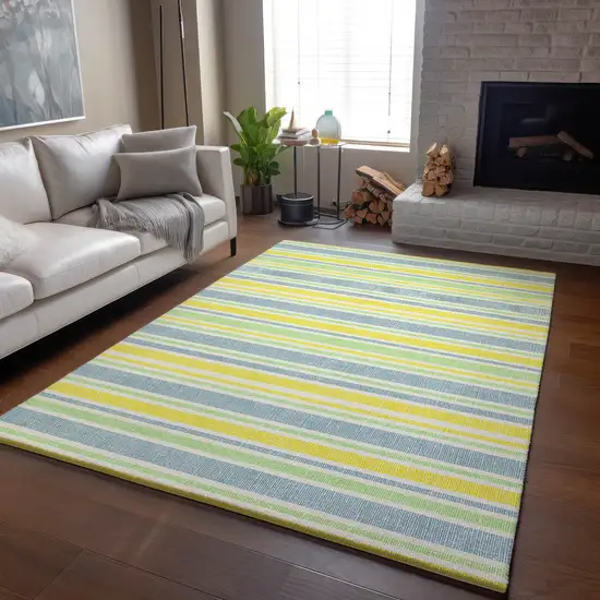 Denim Blue And Yellow Striped Washable Area Rug With UV Protection Photo 6