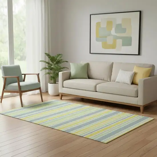 Denim Blue And Yellow Striped Washable Area Rug With UV Protection Photo 1